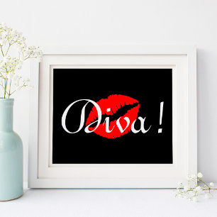 Red Diva Kiss on Black Poster