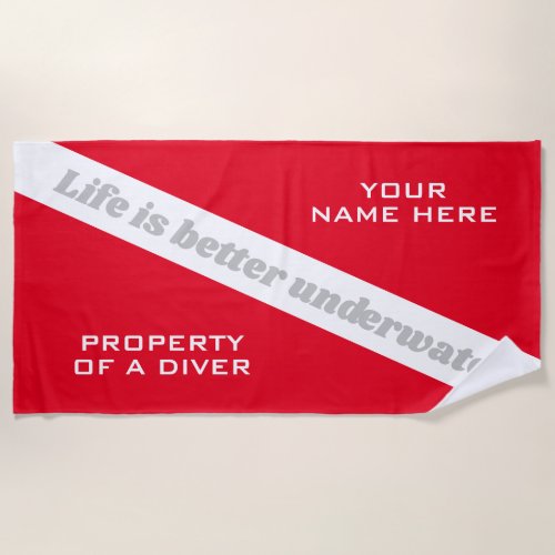 Red diver flag beach towel with funny diving quote