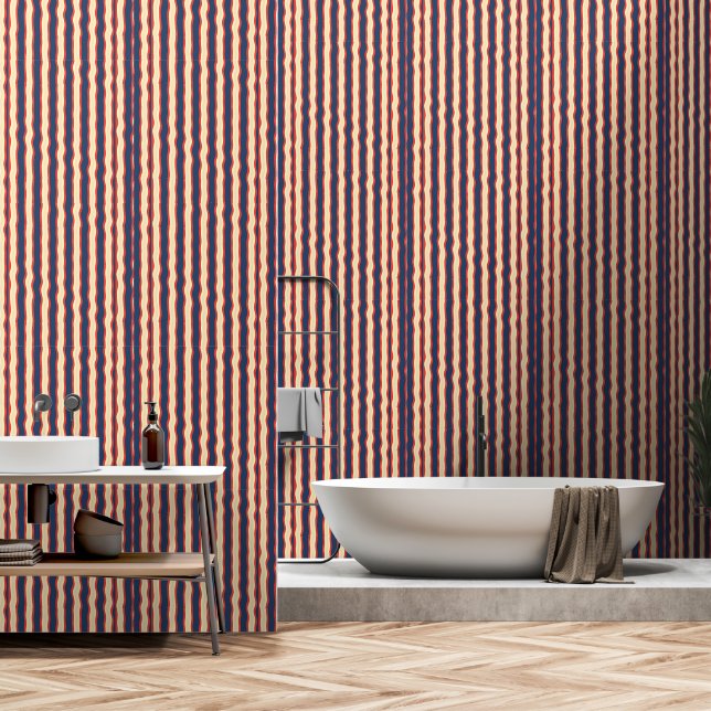Red Dk Blue Wavy Creme  Wallpaper (Bathroom)