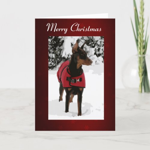 Red Doberman in Snow Christmas Card v9_2 Ribbon