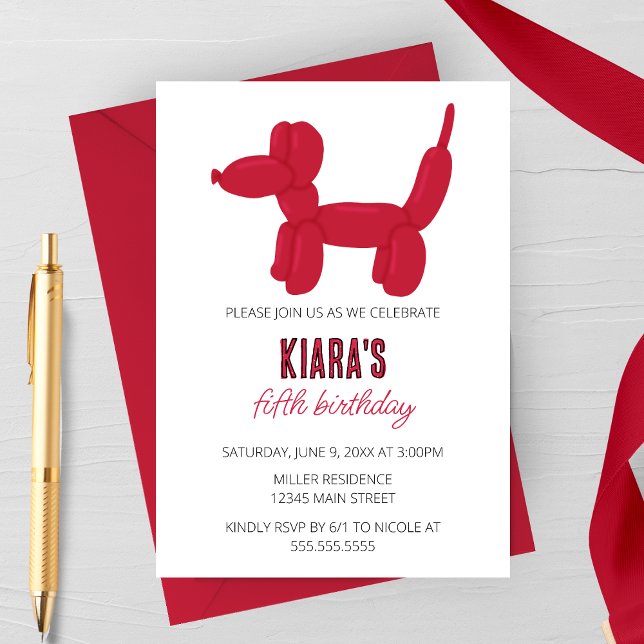 Red Dog Balloon Animal Birthday Party Invitation (Creator Uploaded)