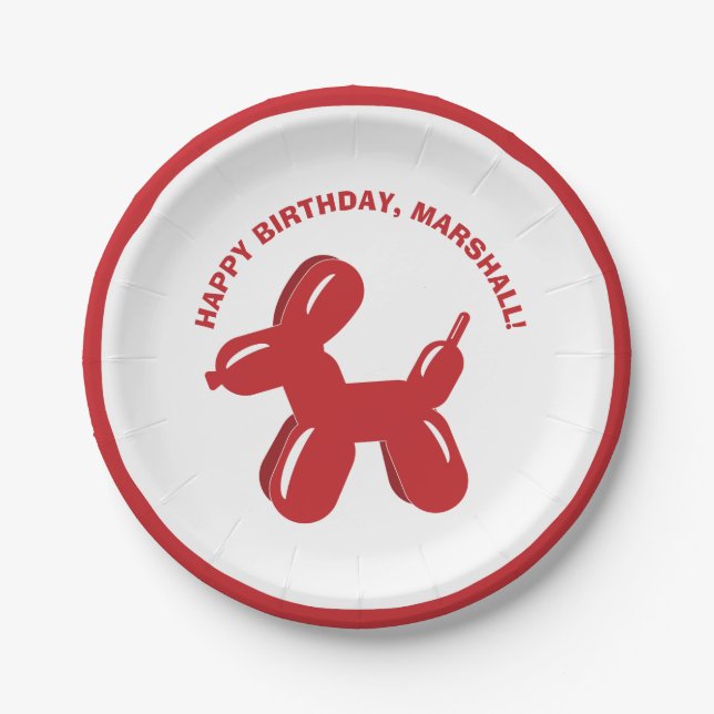 Red Dog Balloon Animal Personalized Party Paper Plates (Front)