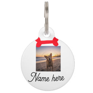 Red dog bone photo pet dog cat name simple gifts ID tag