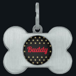 Red Dog Cat Puppy Kitty Name Cool Black Gold Stars Pet ID Tag<br><div class="desc">Create your own custom, personalized, bold christmas red rustic vintage western script / typography custom name at front and back, and retro cool chic stylish geometric trendy faux gold and black stars pattern background, UV resistant and waterproof, burnished silver bone-shaped pet dog cat doggy puppy kitten kitty ID name tag....</div>