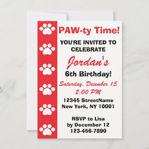 Red _ Dog or Cat Themed Birthday Party Invitations
