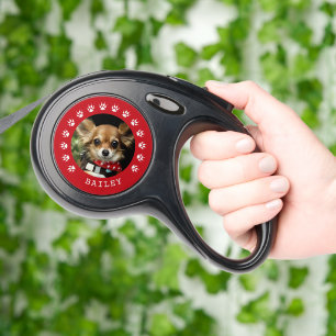 Red Dog Paw Prints Frame Dog Photo Retractable Pet Leash