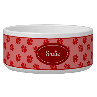 Red Dog Paws Pattern With Custom Name Bowl