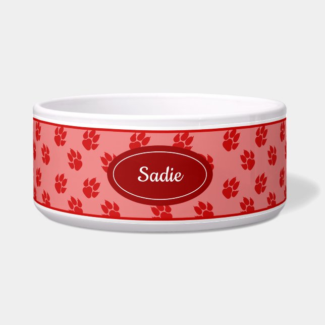 Red Dog Paws Pattern With Custom Name Bowl (Front)
