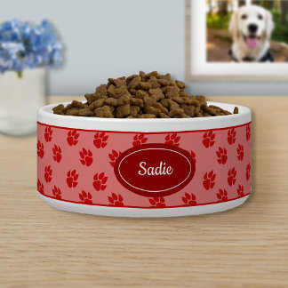 Red Dog Paws Pattern With Custom Name Bowl