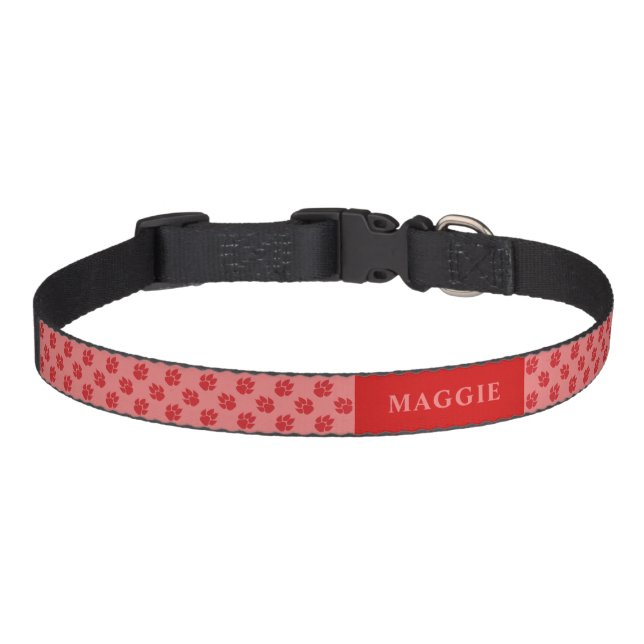 Red Dog Paws Pattern With Custom Name Pet Collar (Front)
