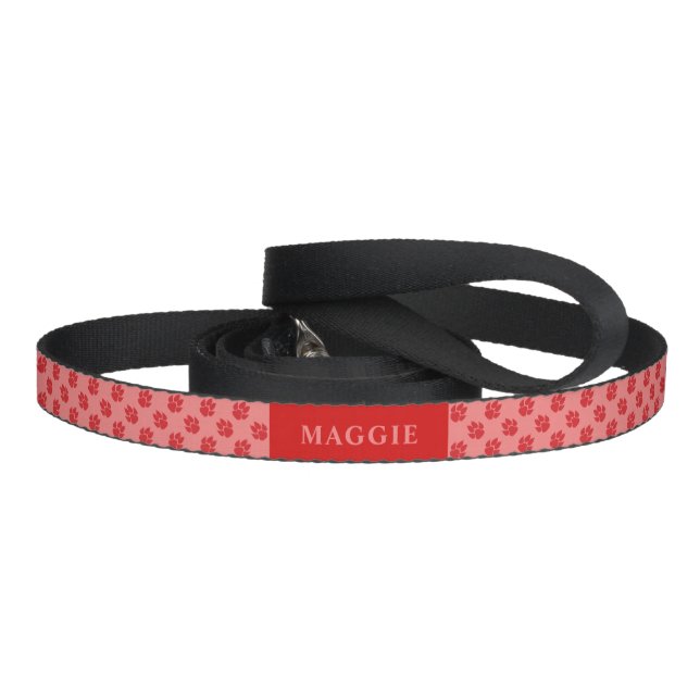 Red Dog Paws Pattern With Custom Name Pet Leash (Handle)