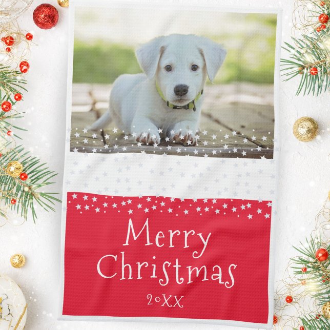 Red Dog Pet Photo Stars Merry Christmas  Kitchen Towel (Creator Uploaded)