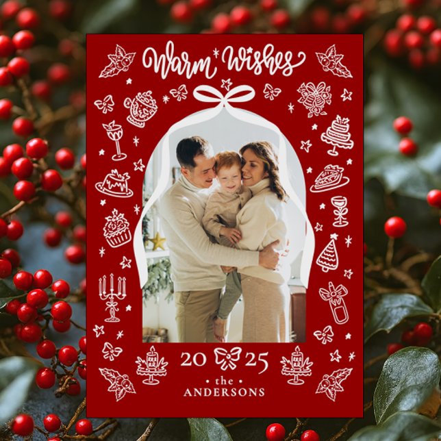 Red Doodle Arch Photo "Warm Wishes" Christmas Holiday Card (Creator Uploaded)
