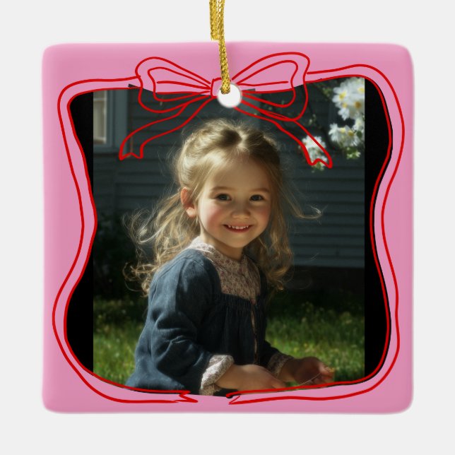 Red Doodle Bow Frame Custom Photo Ceramic Ornament (Front)