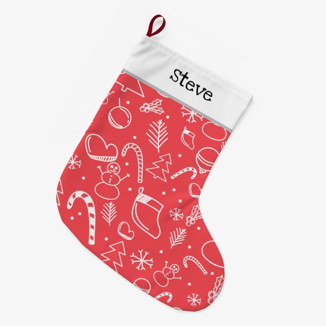 Red Doodle Christmas Pattern - Festive Holiday Large Christmas Stocking (Front (Hanging))