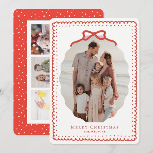 Red Doodle Frames & Bow 4 Photo Christmas Holiday Card
