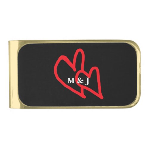 Red Doodle Hearts Couple Monogrammed Initials Cute Gold Finish Money Clip