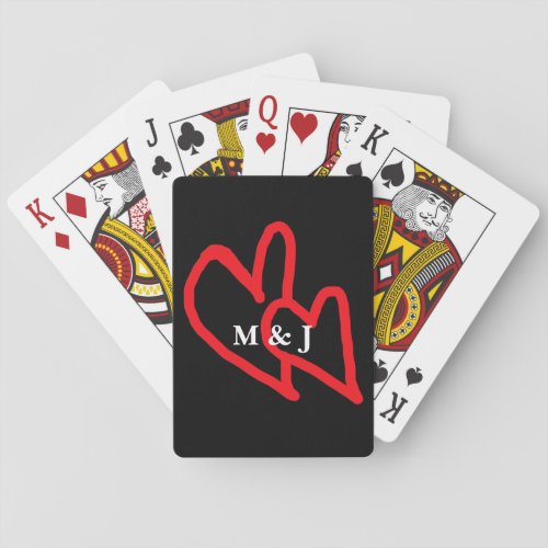 Red Doodle Hearts Couple Monogrammed Initials Cute Playing Cards