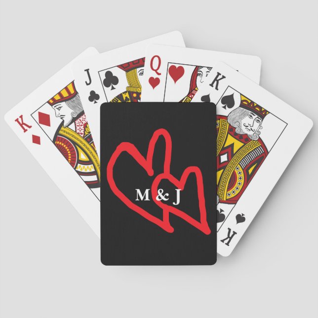 Red Doodle Hearts Couple Monogrammed Initials Cute Poker Cards (Back)