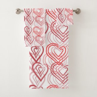 Red Doodle Hearts Pattern Bath Towel Set