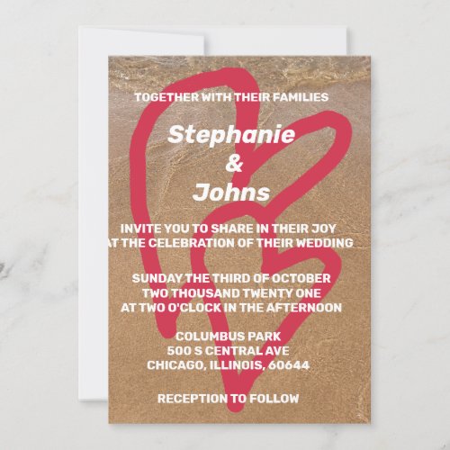 Red Doodle Hearts Romantic Beach Ocean Wedding Invitation