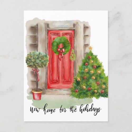Red Door Christmas  New Home For The Holidays Announcement Postcard