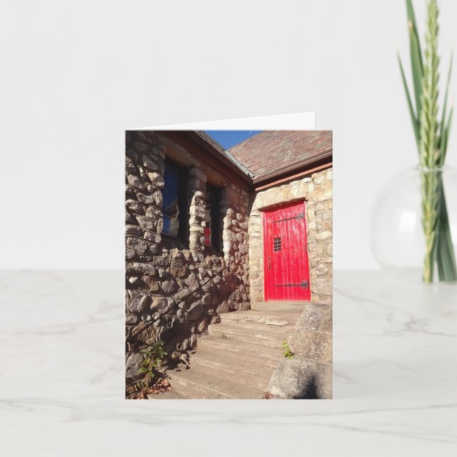 Red Door On Stone Church Inspirational Note Card (Front)