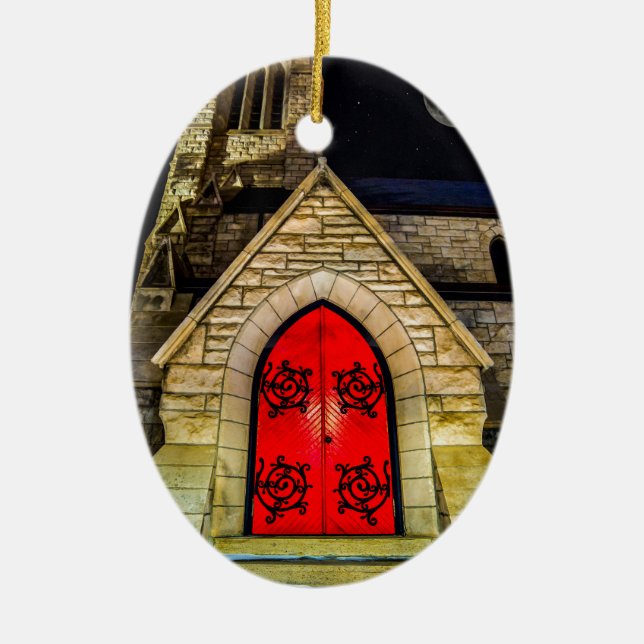 Red Door to Church with Moon Ceramic Ornament (Front)
