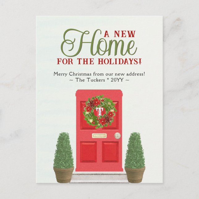Red Door & Topiaries Watercolor Christmas Moving Postcard (Front)