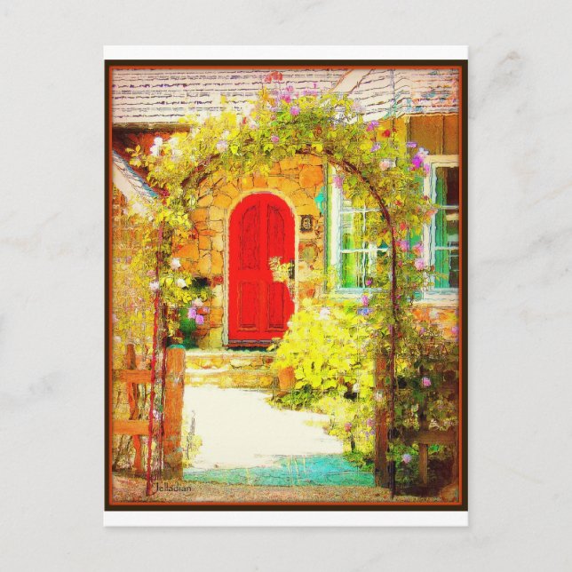 Red Door with Floral Gate Postcard (Front)