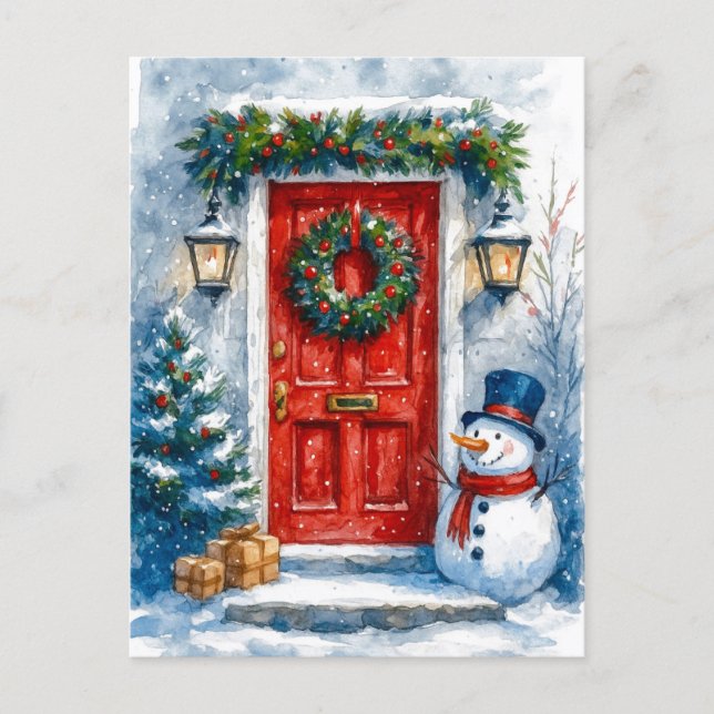 Red Door with Snowman Cozy Christmas Postcard (Front)