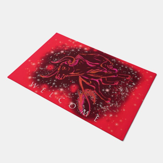 Red Doormat Bull Running At Starry Night Welcome (Angled)