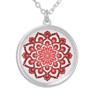 Red Dot Mandala Flower Silver Plated Necklace