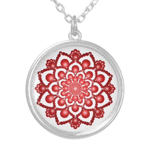 Red Dot Mandala Flower Silver Plated Necklace (Front)