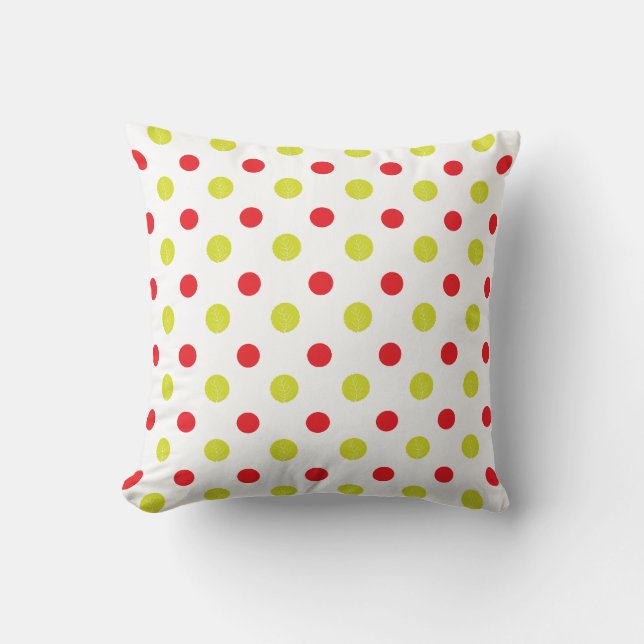 Red dots and green leaves pattern throw pillow (Front)