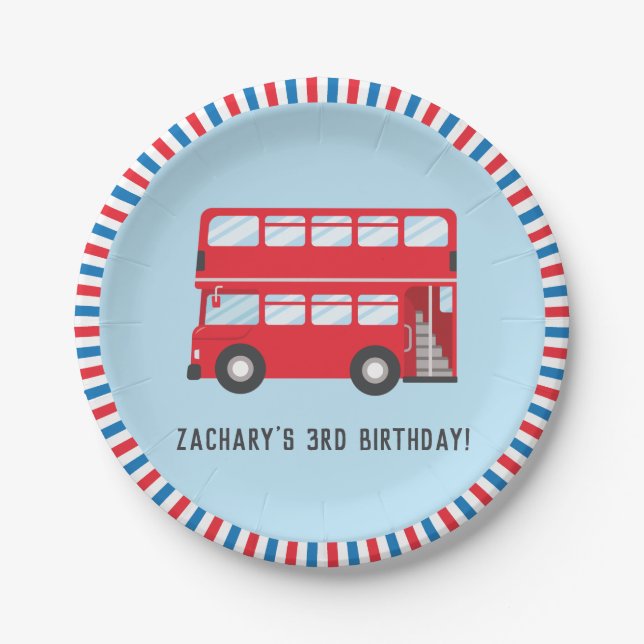Red Double Deck London Bus Birthday Party Supplies Paper Plates (Front)