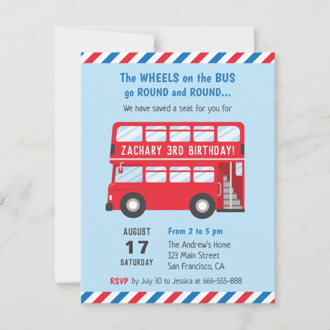 Red Double Deck London Bus Kids Party Invitations (Front)
