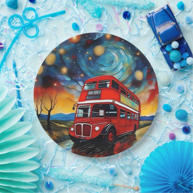 Red Double Decker Bus On A Starry Night, Paper Plates (Party)