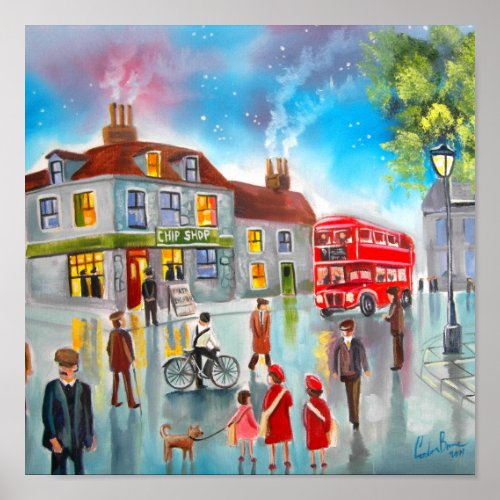 Red double decker bus street scene painting poster