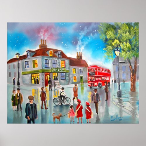 Red double decker bus street scene painting poster