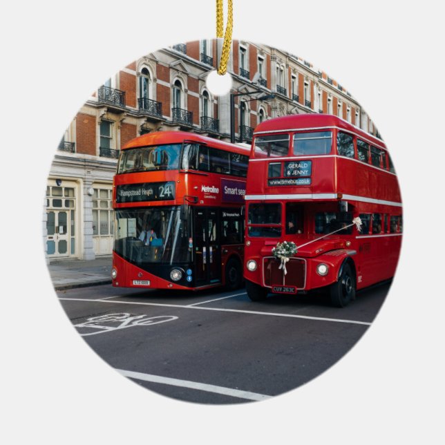 Red Double Decker Buses Ceramic Ornament (Front)