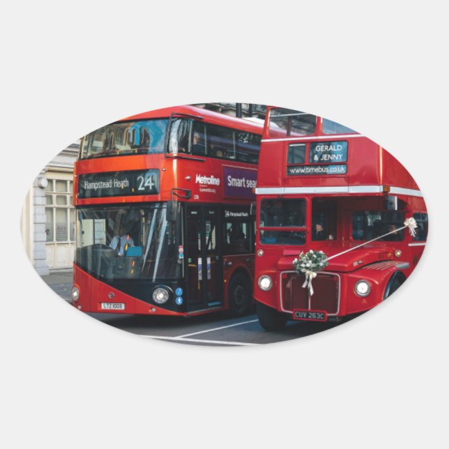 Red Double Decker Buses Oval Sticker (Front)
