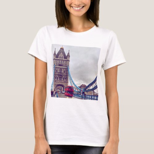 Red Double Decker Crosses Tower Bridge in London T_Shirt