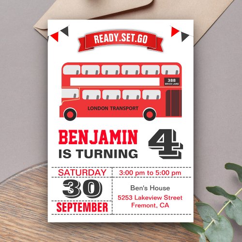 Red Double Decker London Bus Kids Birthday Party Invitation