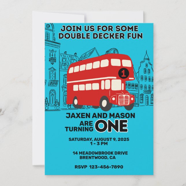 Red Double Decker Twins 1st Birthday Invitation (Front)