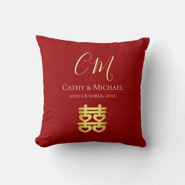 Red double happiness Chinese wedding initials Throw Pillow (Front)