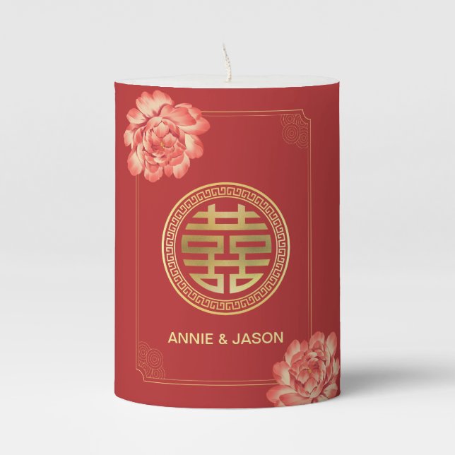Red Double Happiness Chinese Wedding Pillar Candle (Front)