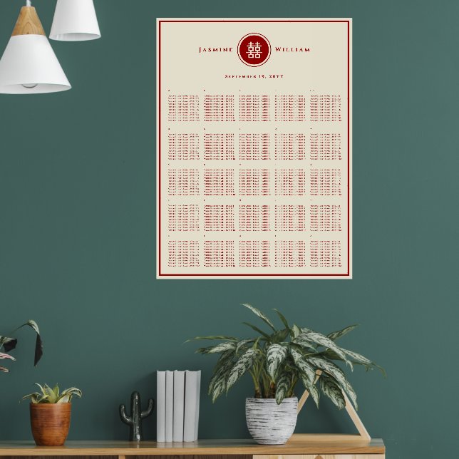 Red Double Happiness Chinese Wedding Seating Chart (Living Room 1)
