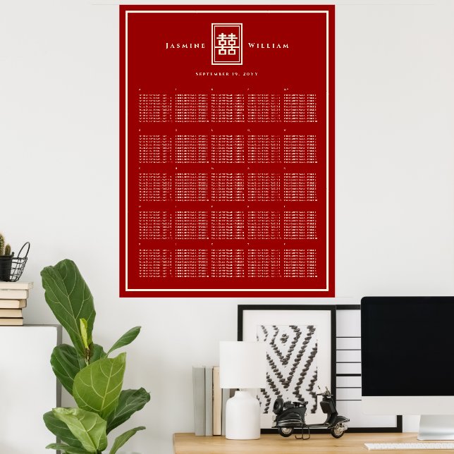 Red Double Happiness Chinese Wedding Seating Chart (Home Office)