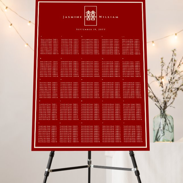 Red Double Happiness Chinese Wedding Seating Chart Foam Board (In Situ (Stand))